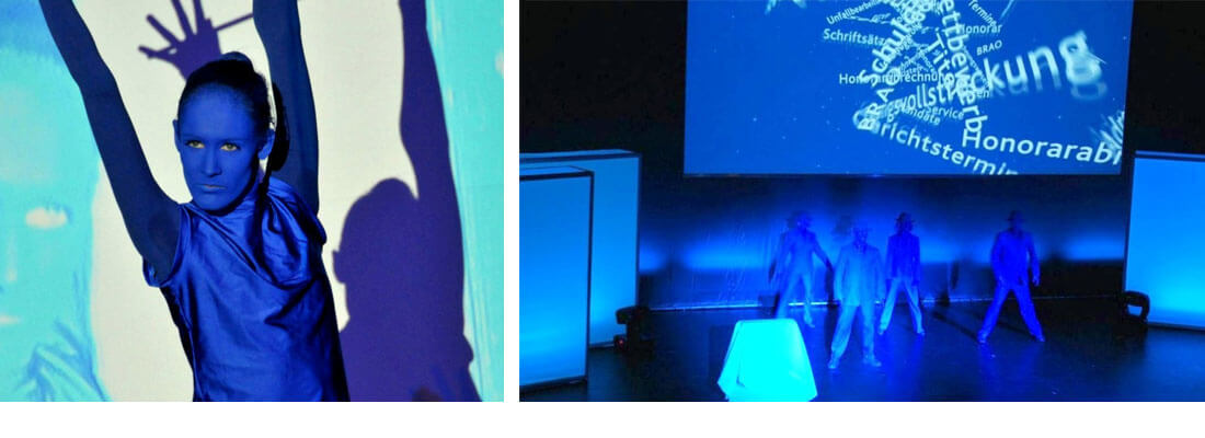 Blue Men Bühnenpräsentation zur Vorstellung einer neuen Software