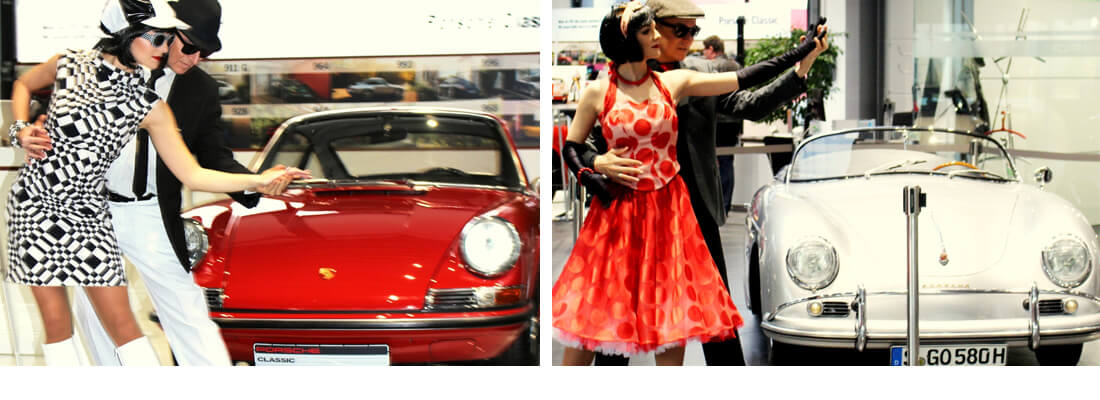 2 Living Dolls agieren in original 60iger Jahre Outfits an einem roten Porsche 911 von 1964 - 2 Living Dolls agieren in original 50iger Jahre Outfits an einem silbernen Porsche 356 von 1956